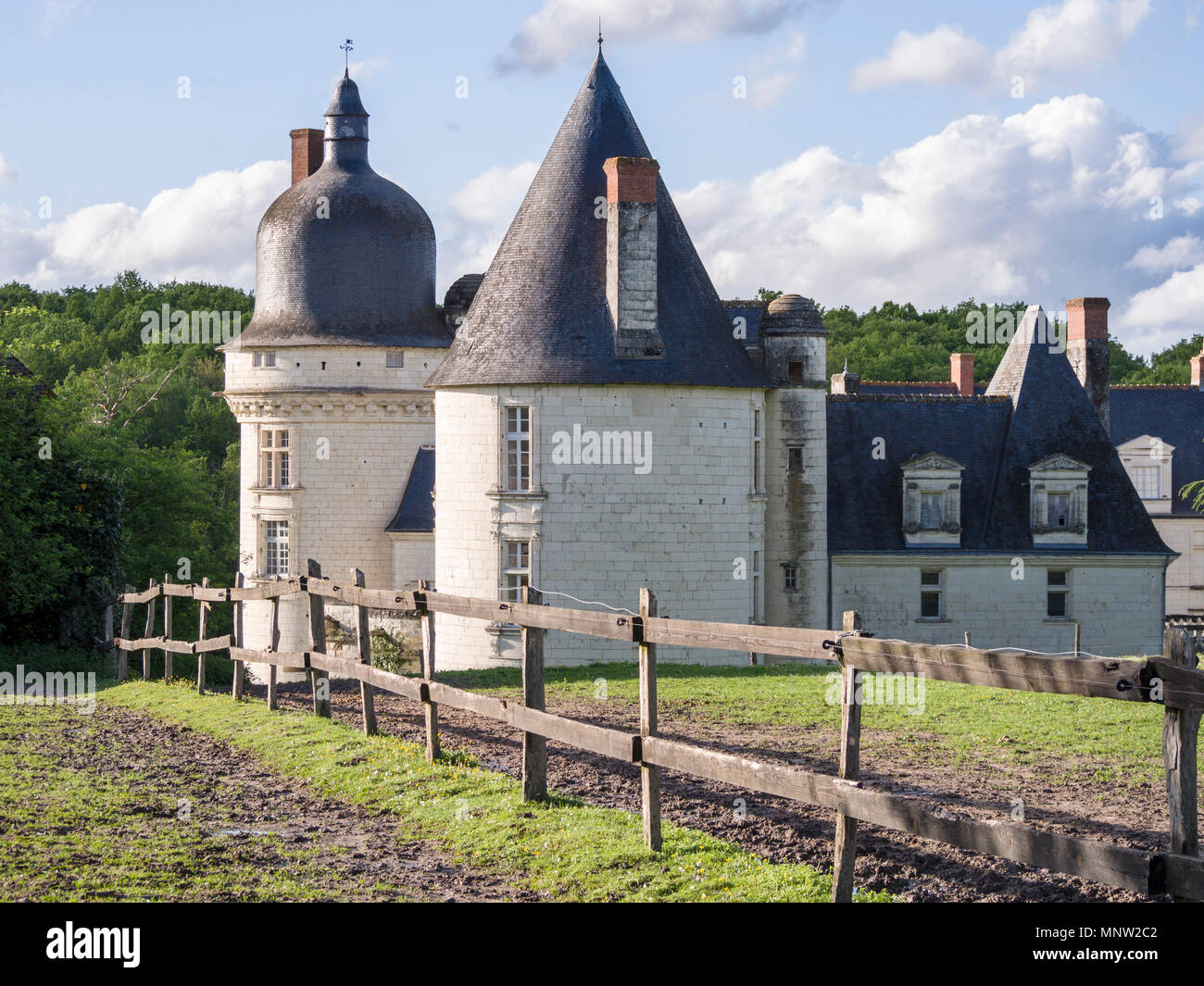 Two towers of Chateau du Gue-Pean: This well kept Chateau in the Loire region of France is surrounded by a thriving horse farm. Stock Photo