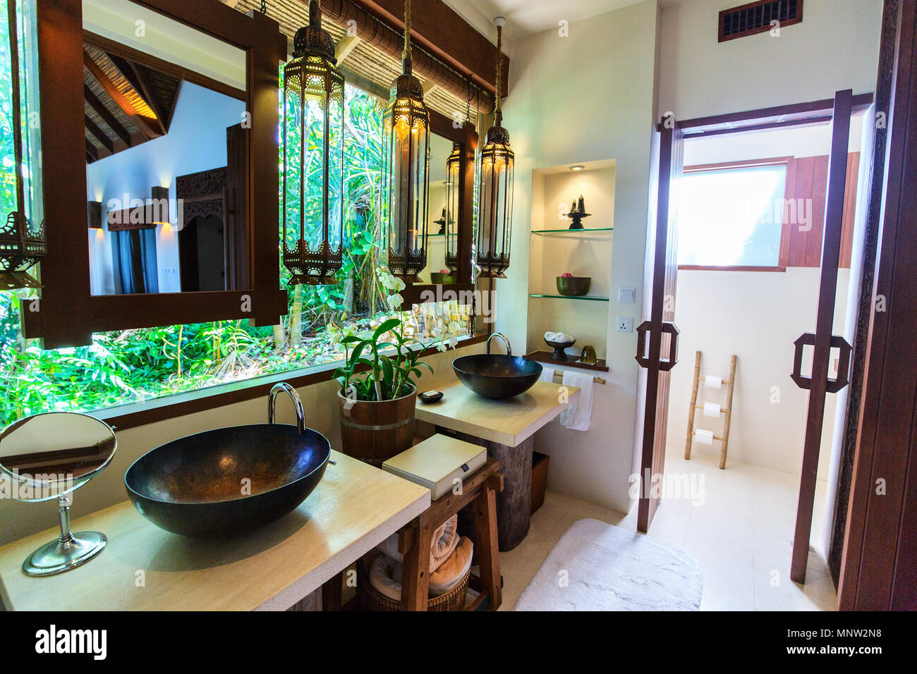 Tropical bathroom interior in a luxury resort Stock Photo