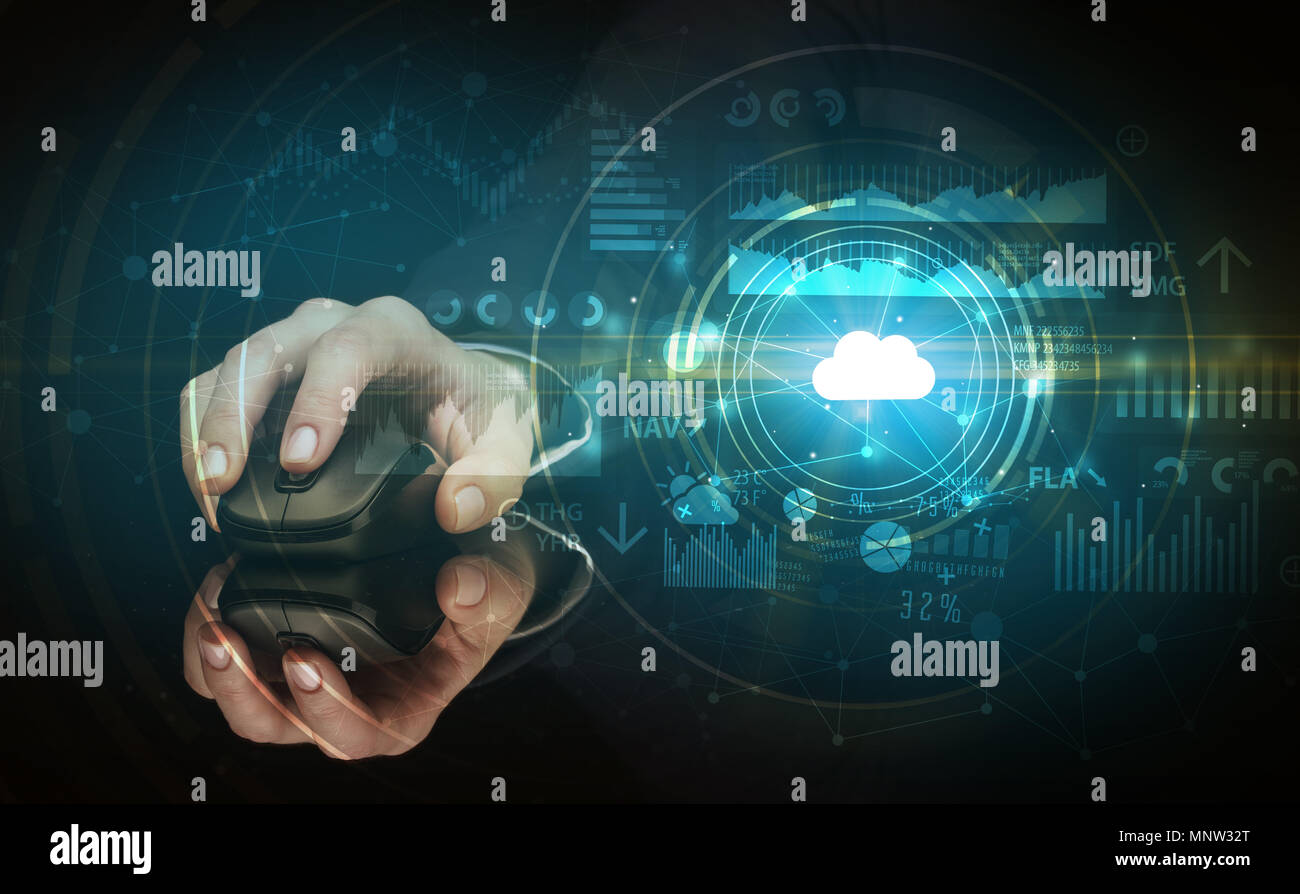 Hand using wireless mouse with cloud technology concept and dark background Stock Photo