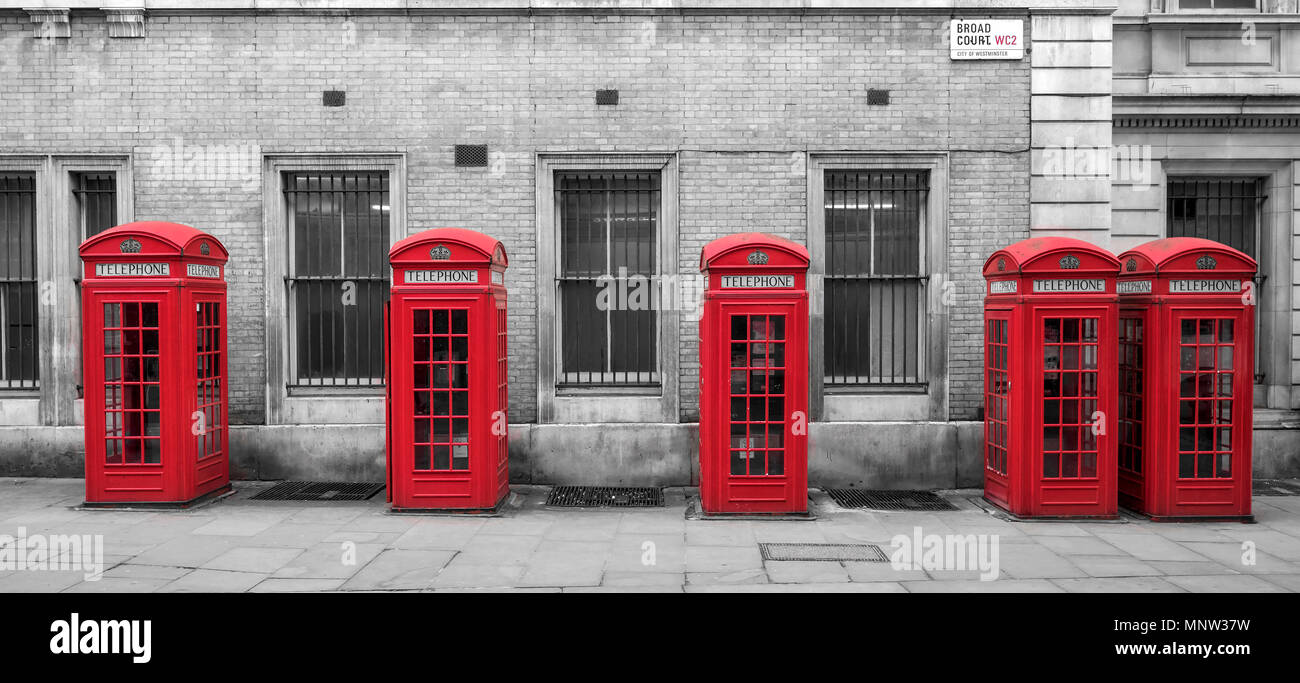 A row of British Red Telephone Boxes, Broad Court, Covent Garden, London, England, UK Stock Photo