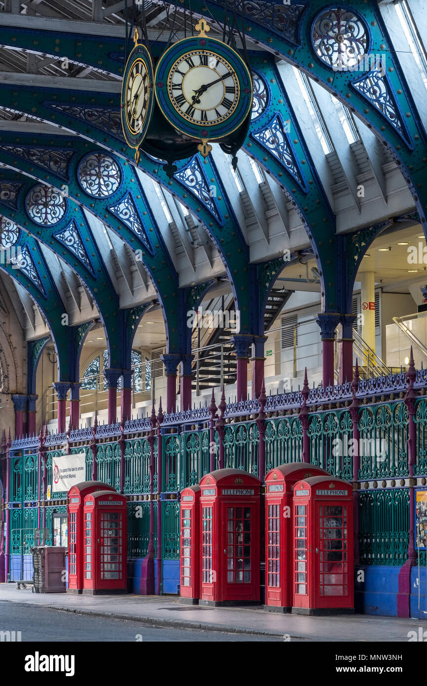 Red Telephone Boxes at Smithfield Market, London, England, UK Stock Photo