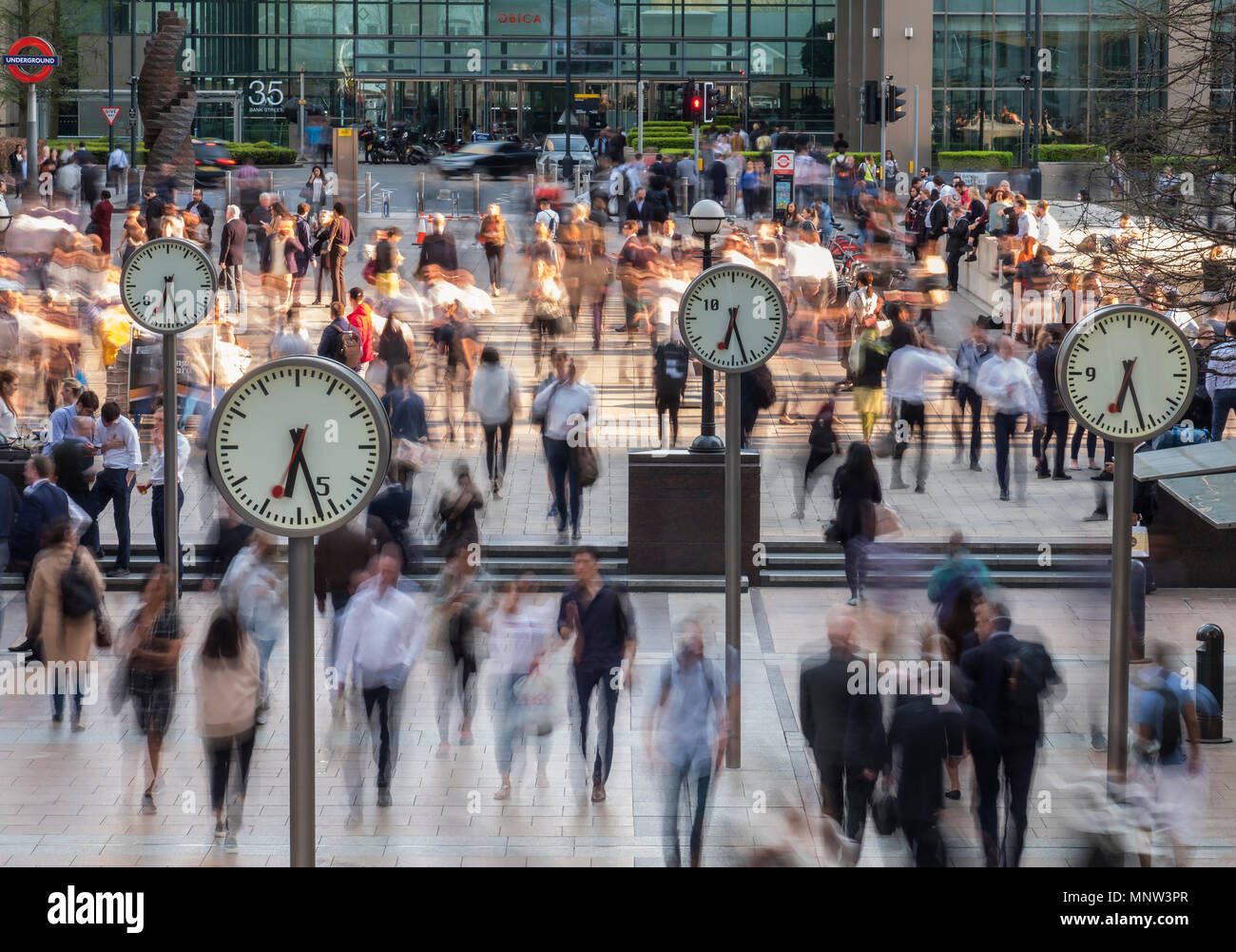 Time and Motion, Six Public Clocks, Canary Wharf, London, England, UK Stock Photo