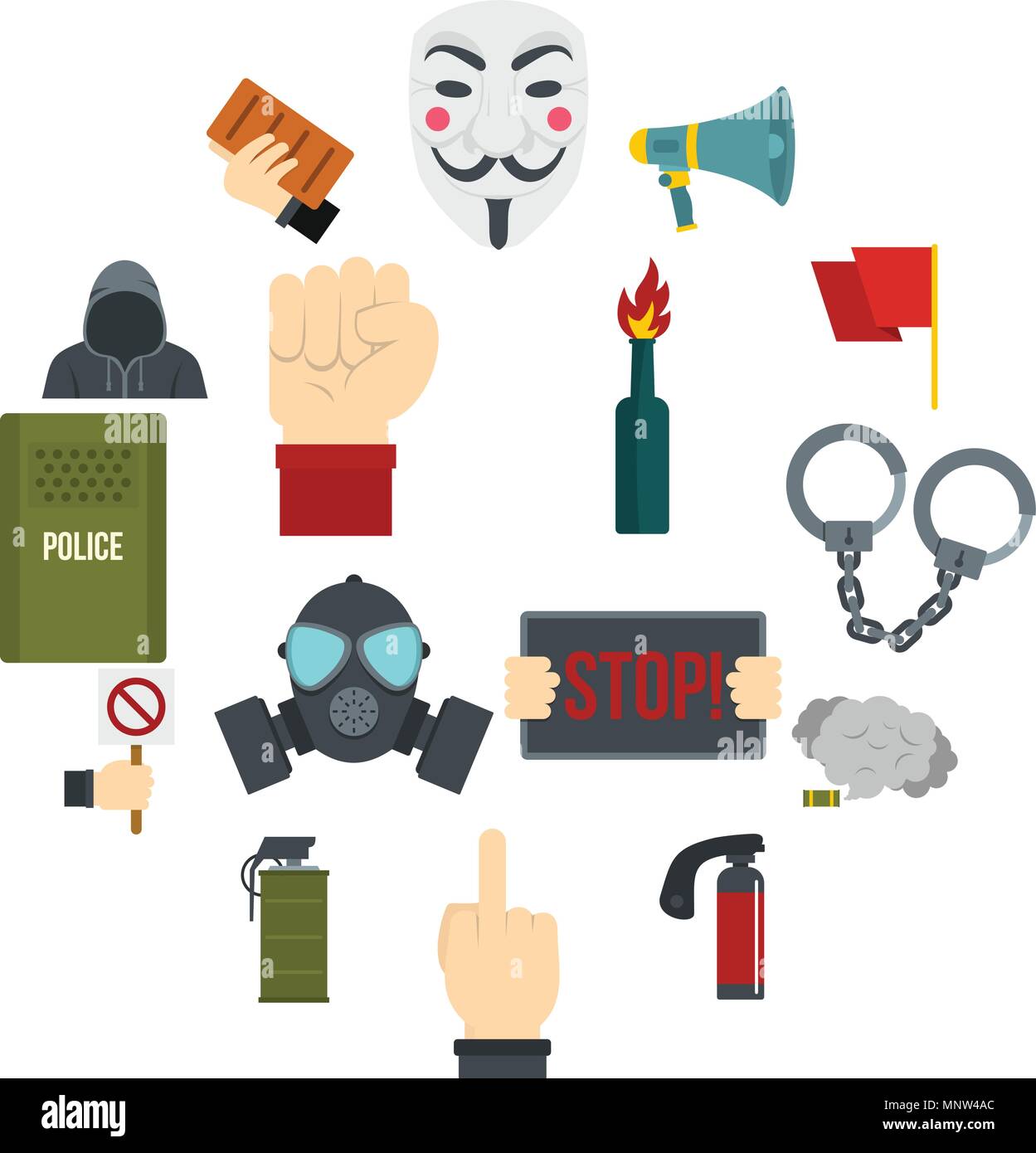 Protest icons set in flat style Stock Vector