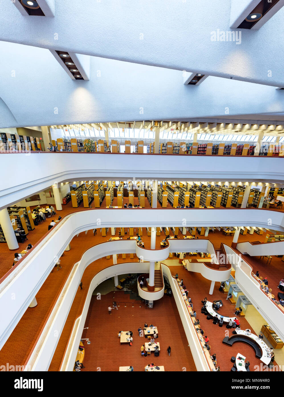 Vertical panorama of interior of Toronto Reference Library, largest public reference library in Canada, by Raymond Moriyama, downtown Toronto, Ontario Stock Photo
