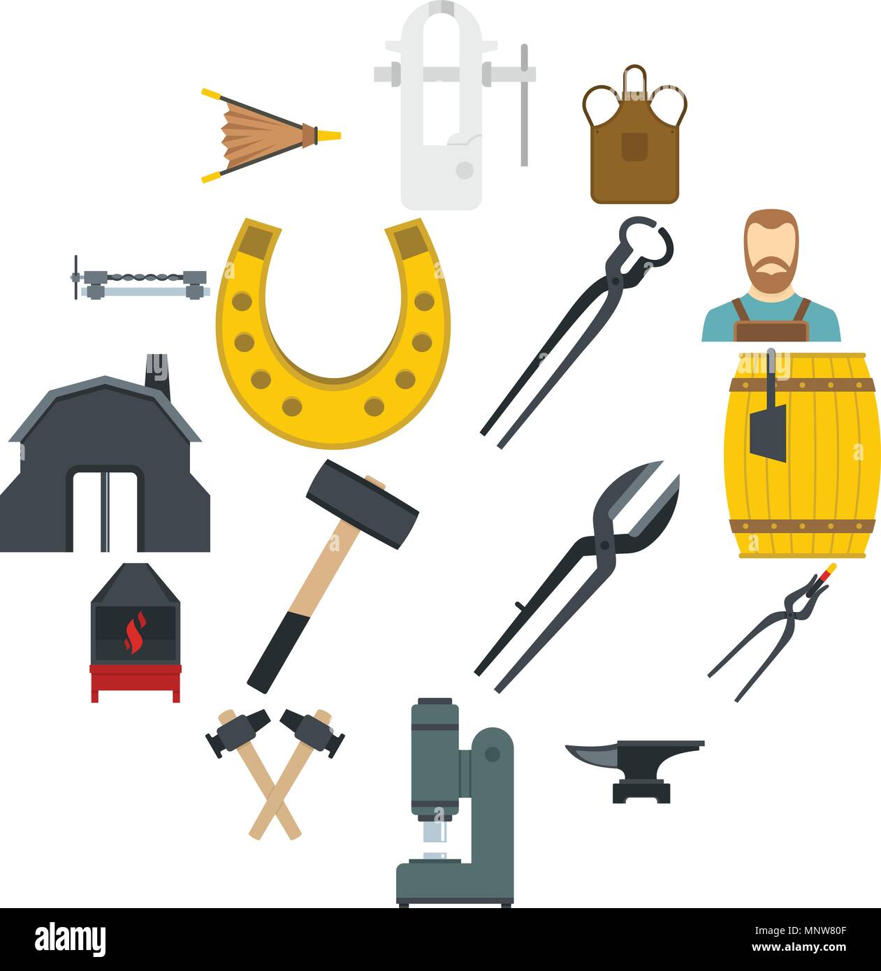Blacksmith icons set in flat style Stock Vector