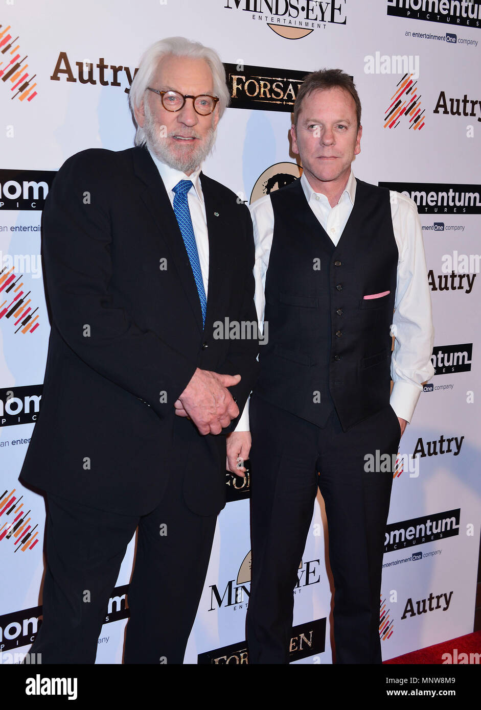 Donald Sutherland, Kiefer Sutherland 136 at Forsaken Premiere at the Autry Museum in Los Angeles. February 16, 2016.a Donald Sutherland, Kiefer Sutherland 136 ------------- Red Carpet Event, Vertical, USA, Film Industry, Celebrities,  Photography, Bestof, Arts Culture and Entertainment, Topix Celebrities fashion /  Vertical, Best of, Event in Hollywood Life - California,  Red Carpet and backstage, USA, Film Industry, Celebrities,  movie celebrities, TV celebrities, Music celebrities, Photography, Bestof, Arts Culture and Entertainment,  Topix, vertical,  family from from the year , 2016, inqui Stock Photo