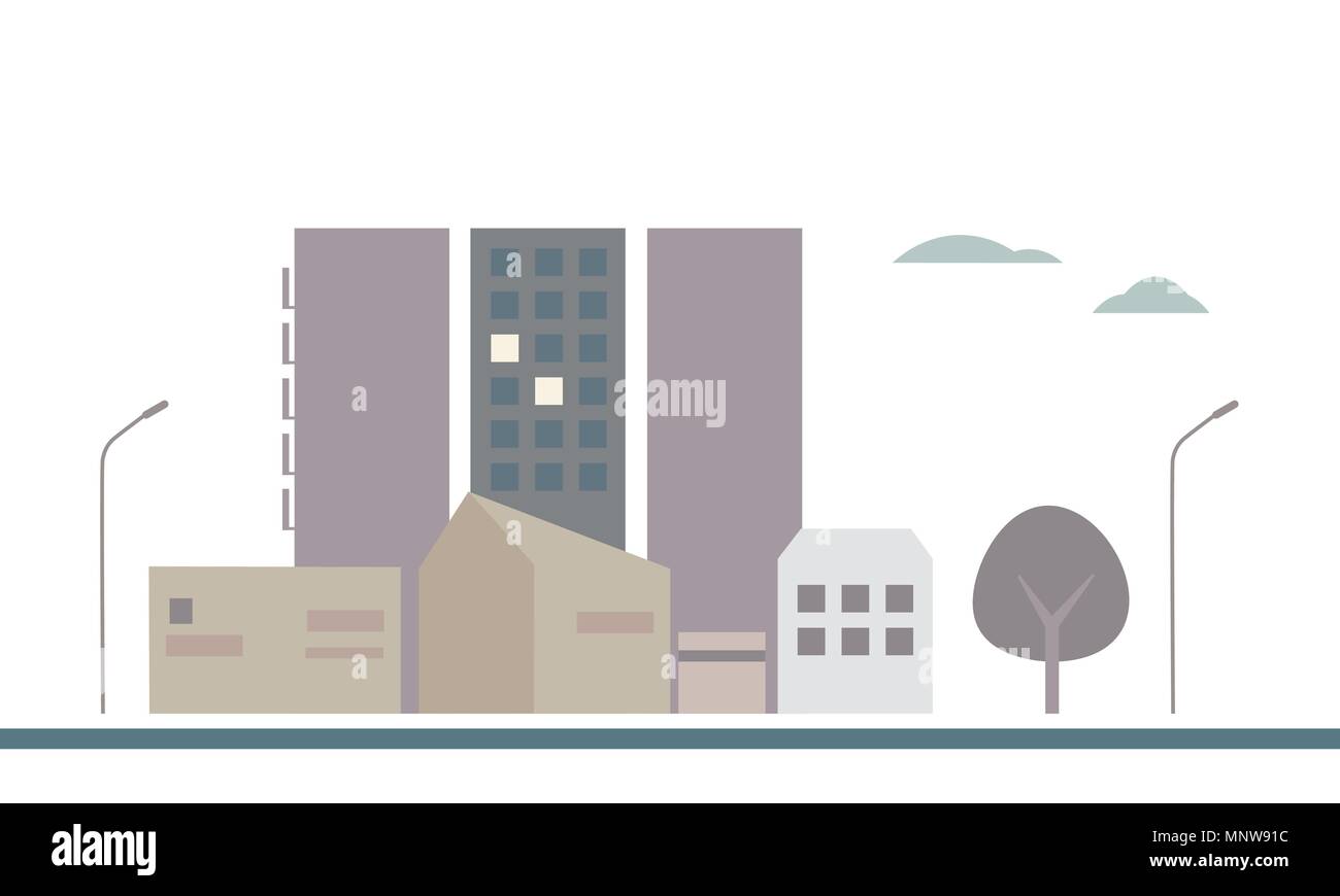 Flat design illustration of a housing estate in a city with buildings, lamps and trees, under the sky with clouds - vector Stock Vector