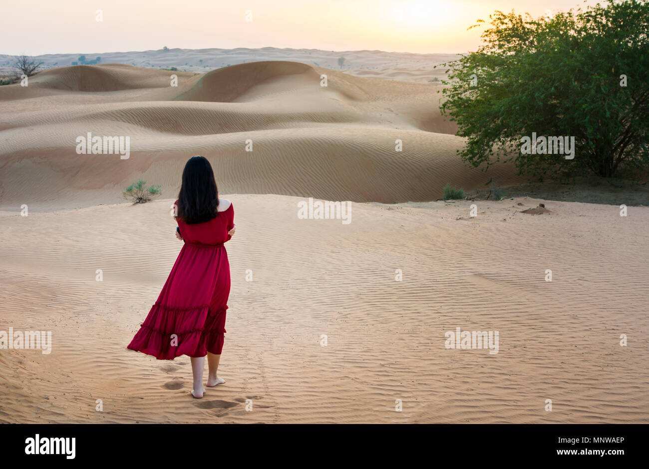 Woman walking in the desert at sunset back view Stock Photo