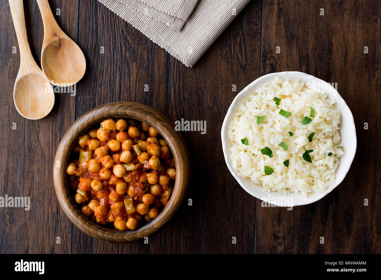 Chana Masala Chickpeas served with rice. Traditional Food. Stock Photo