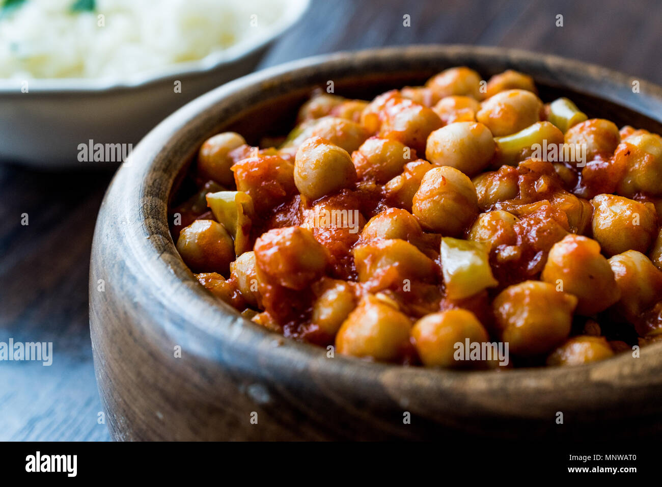 Chana Masala Chickpeas served with rice. Traditional Food. Stock Photo