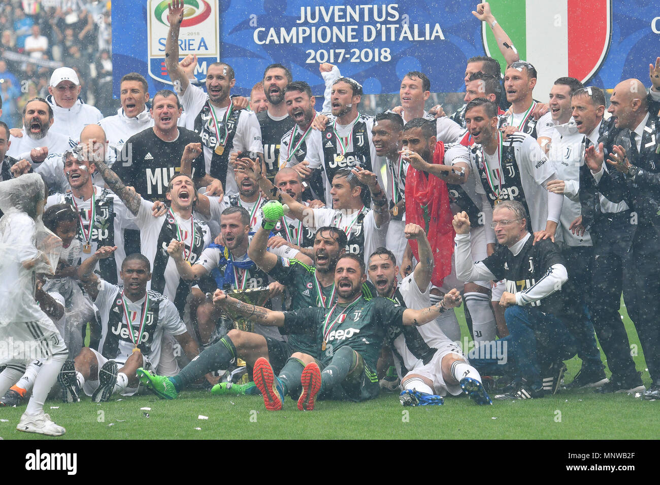 Gianluigi Buffon and Juventus team mates celebrate the victory of italian championship ...