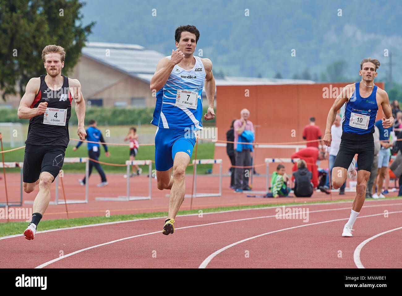 Landquart, Switzerland. May 19, 2018. Julian Grädel BTV Aarau Athletics,  Fabian Marugg Leichtathletik Club Zürich and Matthias Steinmann LV Frenke  during the 400 meters competition at the athletics combined events meeting  in
