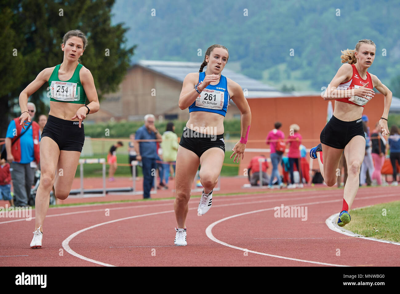 Landquart, Switzerland. May 19, 2018. Antonia Gmünder LC Brühl  Leichtathletik, Chiara Schuler TS Hörbranz and Dominique Berger TV Wohlen  AG during the 200 meters competition at the athletics combined events  meeting in