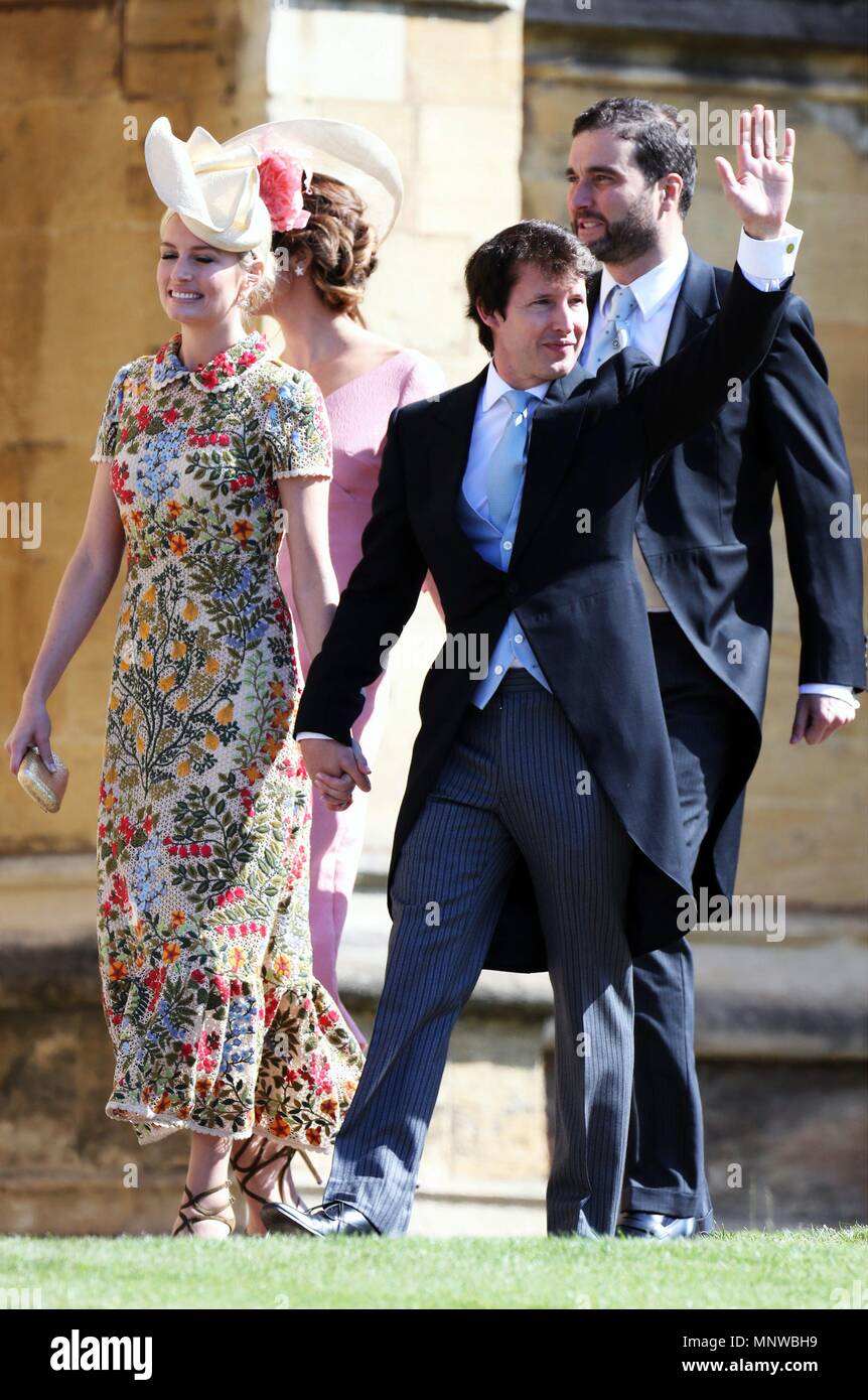 180519) -- WINDSOR, mayo 19, 2018 (Xinhua) -- Sofia Wellesley (i) nieta del  duque de Wellington, y su esposo, el cantante James Blunt (d), llegan a la  capilla de San Jorge en