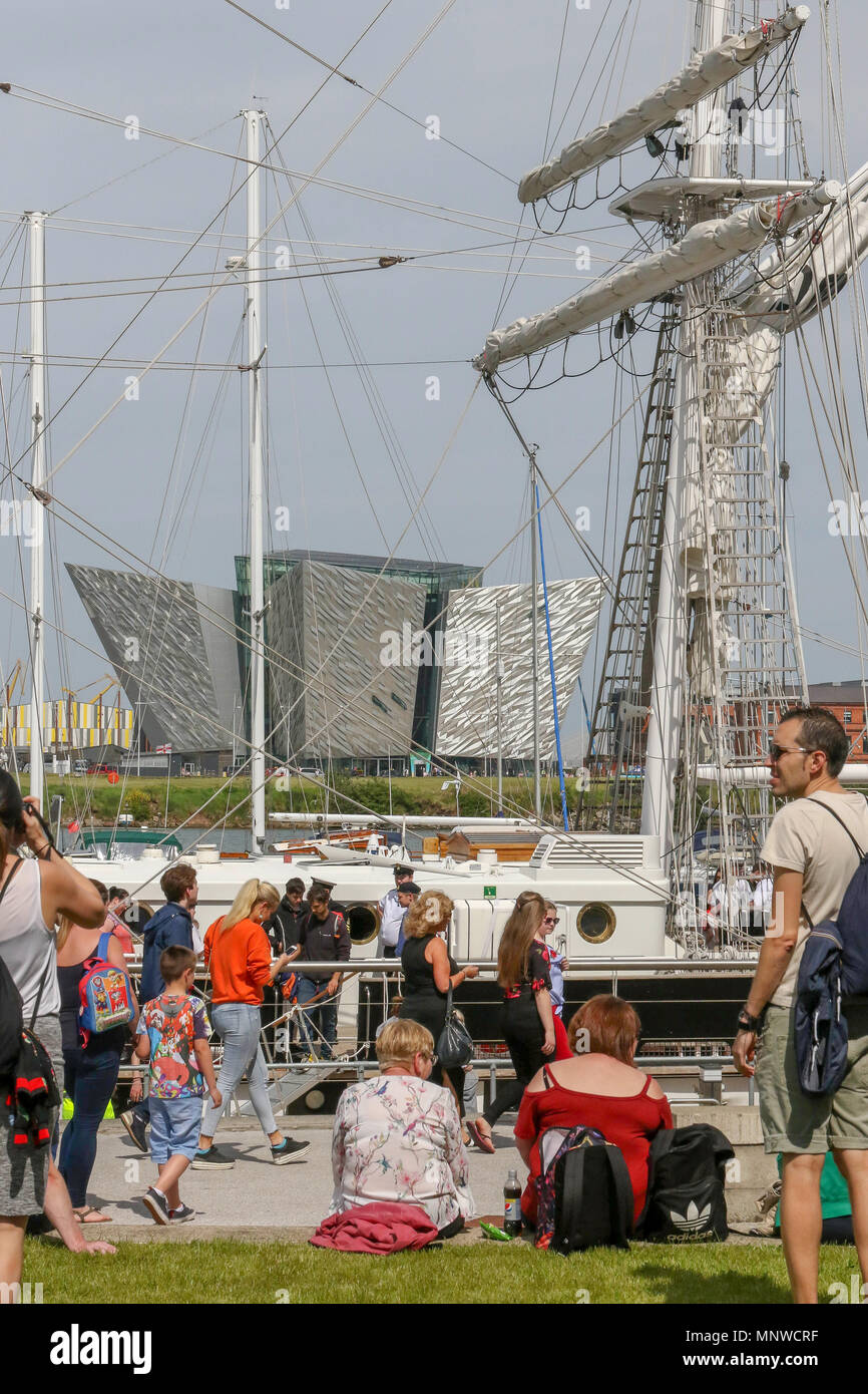 Belfast, UK, 19 May 2018. Titanic Quarter and Donegall Quay Belfast, Northern Ireland, UK. 19 May 2018. The Belfast Titanic Maritime Festival is being held today and tomorrow (Sunday 20th May). The maritime-themed festival is centred around the docks and has visiting ships, tall ships and family themed events as well as a food market. Credit: David Hunter/Alamy Live News. Stock Photo