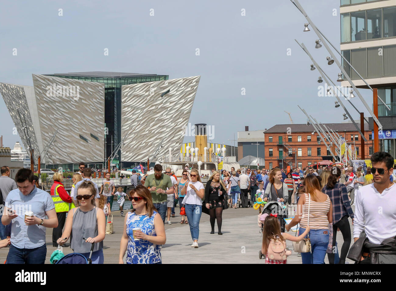 Belfast, UK, 19 May 2018. Titanic Quarter and Donegall Quay Belfast, Northern Ireland, UK. 19 May 2018. The Belfast Titanic Maritime Festival is being held today and tomorrow (Sunday 20th May). The maritime-themed festival is centred around the docks and has visiting ships, tall ships and family themed events as well as a food market. Credit: David Hunter/Alamy Live News. Stock Photo