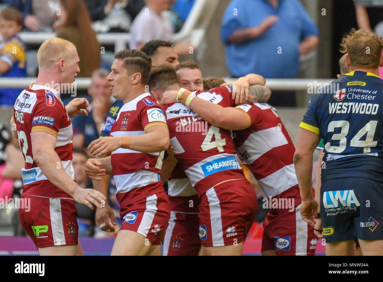 St. James' Park, Newcastle, UK. 19th May 2018 , Betfred Super League Magic Weekend, Wigan Warriors v Warrington Wolves;Wigan Warriors celebrate George Williams's try Credit: News Images /Alamy Live News Stock Photo