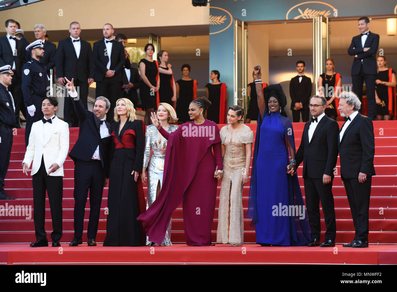 May 19, 2018 - Cannes, France: Robert Guediguian, Andrey Zvyagintsev, Khadja Nin, Cate Blanchett, Kristen Stewart, Lea Seydoux, Ava DuVernay attend the 'Man Who Killed Don Quixote' premiere before the closing ceremony during the 71st Cannes film festival. Stock Photo