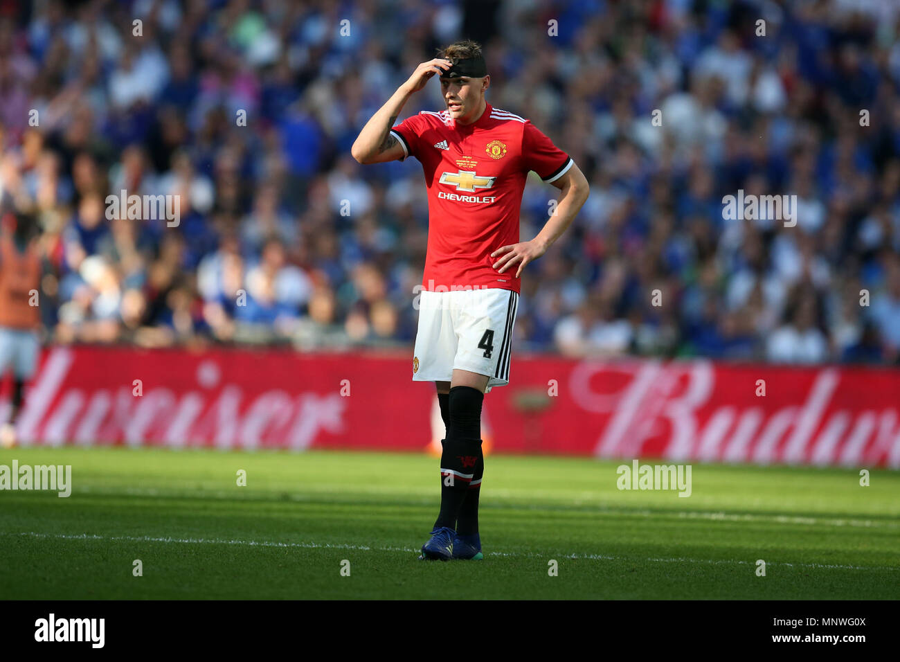 Phil Jones of Manchester United looks dejected. The Emirates FA Cup final 2018,  Chelsea v Manchester United at Wembley Stadium in London on  Saturday 19th May 2018.  this image may only be used for Editorial purposes. Editorial use only, license required for commercial use. No use in betting, games or a single club/league/player publications. pic by Andrew Orchard/Andrew Orchard sports photography/Alamy Live news Stock Photo