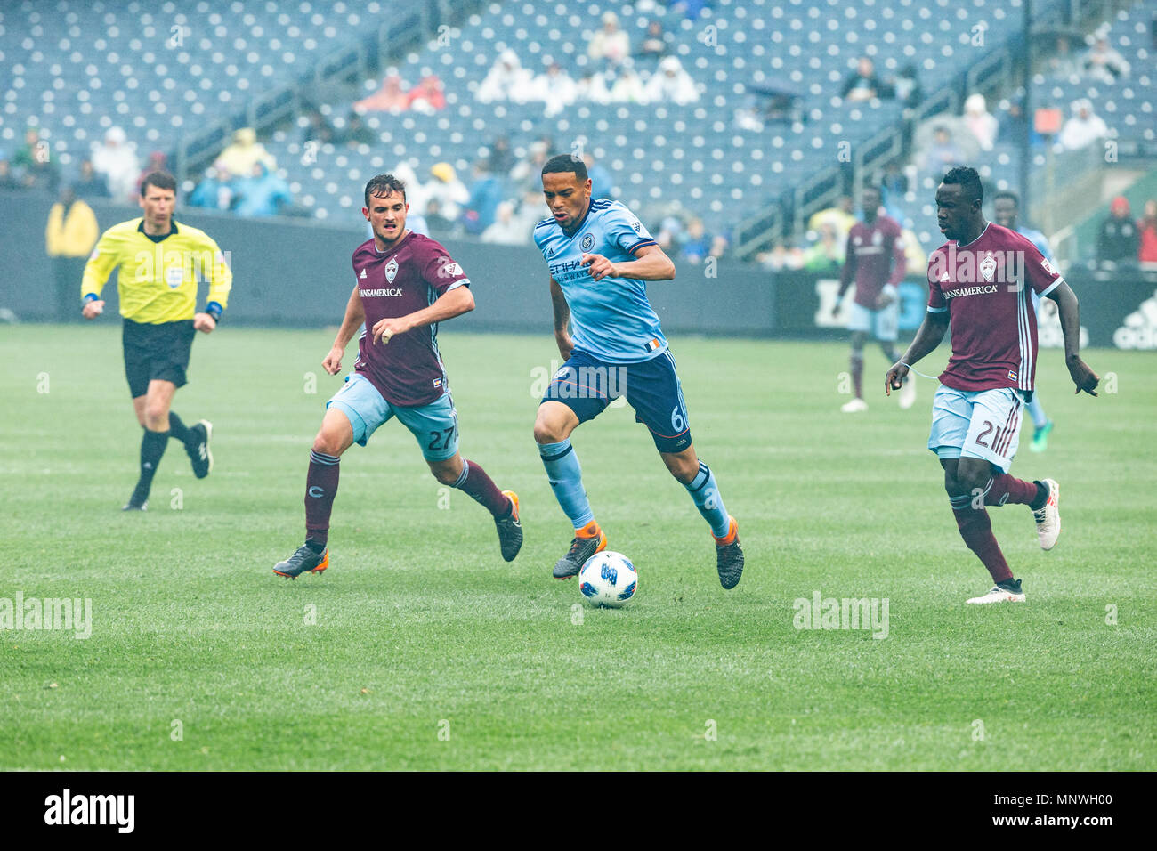 Alexander Callens (6) of NYCFC scored goal with header shot during MLS  regular season game against New England Revolution at Yankee stadium. Game  was played without fans because of COVID-19 pandemic precaution.