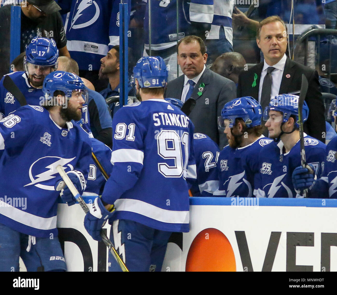 Tampa, Florida, USA. 11th May, 2018. DIRK SHADD  Times.Tampa Bay Lightning  center Anthony Cirelli (71) gets up from the ice after tangling with  Washington Capitals defenseman Matt Niskanen (2) during the