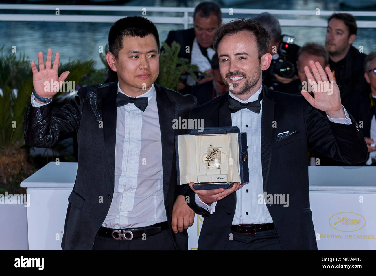 Cannes, France. 19th May 2018. Australian director Charles Williams, short  film Palm d'Or award winner for his film 'All These Creatures' poses with  Wei Shujun special mention award winner for his film '