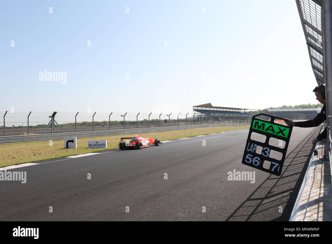 Silverstone, United Kingdom. 20th May, 2018. Thomas Maxwell (JD Motorsport) on track and been given information on the pitboard by his race engineer at Silverstone Credit: Paren Raval/Alamy Live News Credit: Paren Raval/Alamy Live News Stock Photo