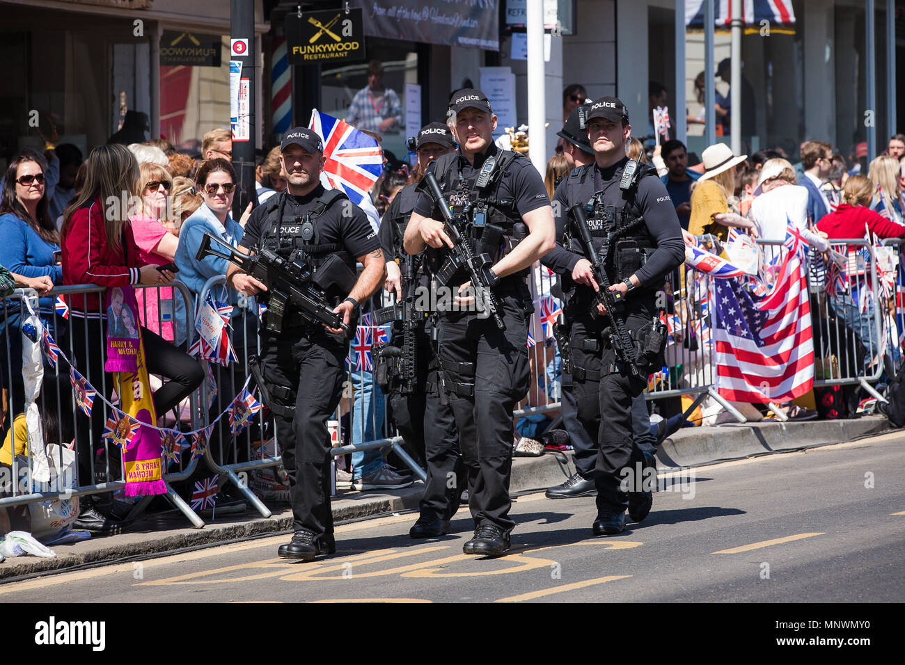 Policing the Royal Wedding of Prince Harry to Meghan Markle took many forms from the traditional Bobby on the beat and Mounted Officers to the Heavily Armed Firearms officers carrying Automatic weapons who were very much in evidence. Credit: David Betteridge/Alamy Live News Stock Photo