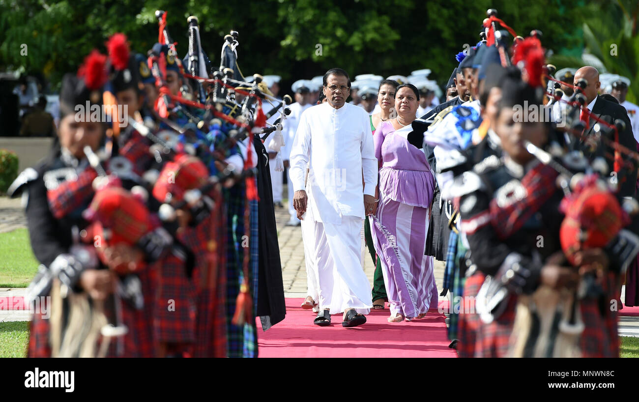 Colombo, Sri lanka. 19th May, 2018. Sri Lankan President Maithripala Sirisena (Front C) arrives during a commemorative ceremony marking the 9th anniversary of the end of the island's civil war in Colombo, Sri lanka, on May 19, 2018. Credit: A.S. Hapuarachc/Xinhua/Alamy Live News Stock Photo