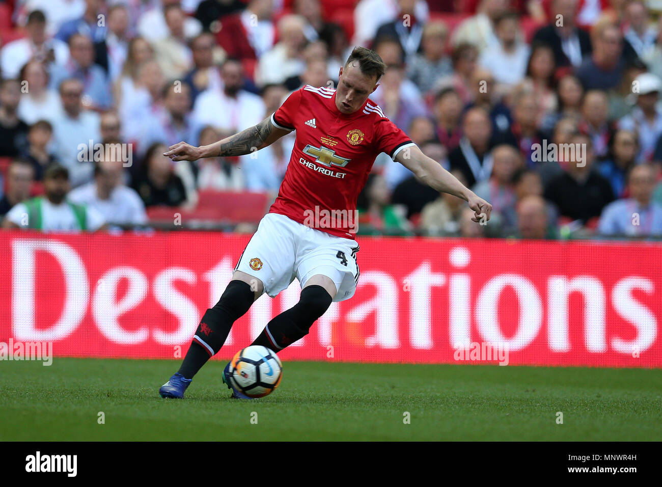 London, UK. 19th May 2018. London, UK. 19th May 2018. Phil Jones of Manchester United in action. The Emirates FA Cup final 2018,  Chelsea v Manchester United at Wembley Stadium in London on  Saturday 19th May 2018.  this image may only be used for Editorial purposes. Editorial use only, license required for commercial use. No use in betting, games or a single club/league/player publications. pic by Andrew Orchard/Andrew Orchard sports photography/Alamy Live news Stock Photo