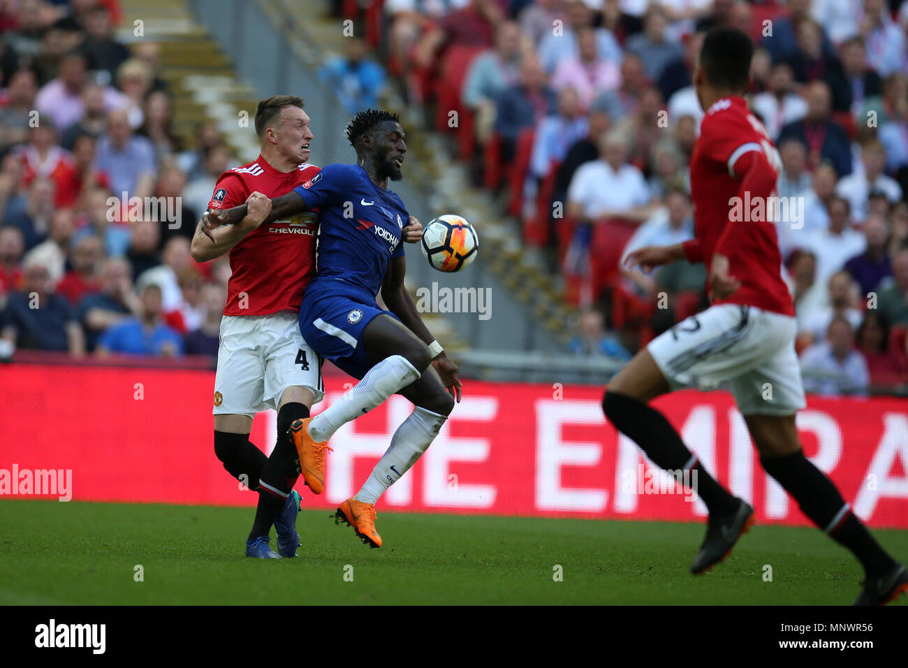 London, UK. 19th May 2018. London, UK. 19th May 2018. Tiemoue Bakayoko of Chelsea © holds off Phil Jones of Manchester United.. The Emirates FA Cup final 2018,  Chelsea v Manchester United at Wembley Stadium in London on  Saturday 19th May 2018.  this image may only be used for Editorial purposes. Editorial use only, license required for commercial use. No use in betting, games or a single club/league/player publications. pic by Andrew Orchard/Andrew Orchard sports photography/Alamy Live news Stock Photo