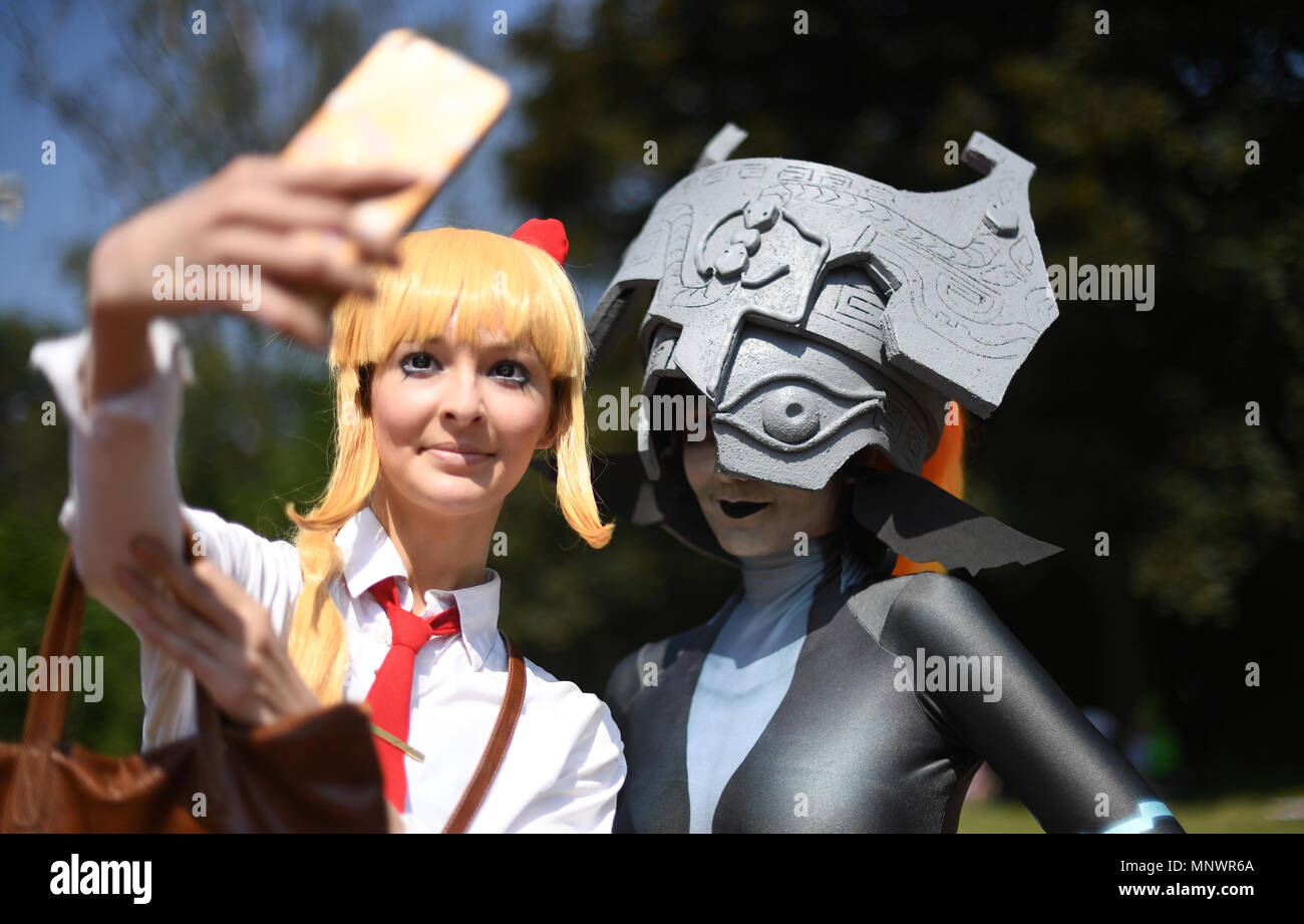 20 May 2018 Germany Duesseldorf Two Cosplayers Take A Selfie In The Nordpark Cosplay Fans Have Gathered In Duesseldorf For The Dokomi Anime And Japan Expo Photo Ina Fassbender Dpa Credit Dpa Picture