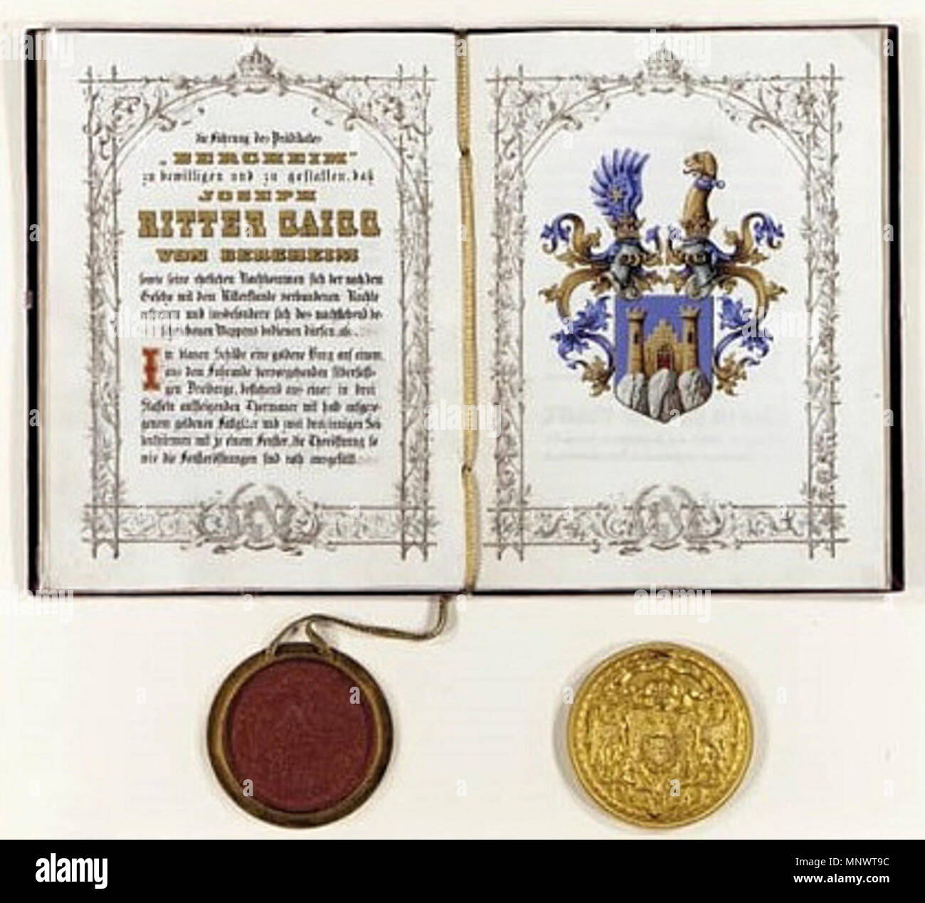 . Deutsch: Ritterstandsdiplom von Franz Joseph I. (Kaiser von Österreich 1848-1916) für Joseph Gaigg, mit Verleihung des Prädikates 'von Bergheim'. Ausgestellt Wien, 24. November 1870, mit eigenhändiger Unterschrift des Kaisers, Gegenzeichnung Innenminister Eduard Graf Taaffe. Pergamentlibell (Format 36,9 x 29 cm), 6 Seiten, teils goldgehöhte Kalligraphie, gedruckte Bordüre. Violetter Samteinband mit goldgeprägter Doppeladlerdarstellung, anhängendes orange-rotes Wachssiegel in Messingkapsel (Durchmesser 10,2 cm). 1870. Anonymous 1065 Ritterstandsdiplom - Gaigg von Bergheim 1870 Stock Photo