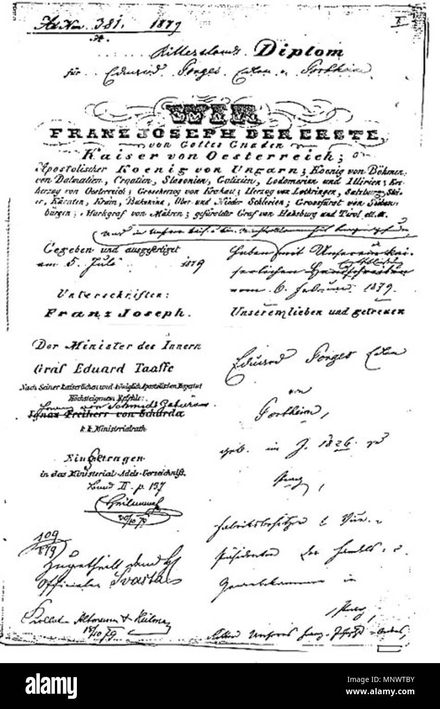 . Deutsch: Seite 1 der Kanzleiabschrift des Ritterstandsdiploms von Franz Joseph I. (Kaiser von Österreich, 1830-1916) für Eduard Porges Edlen von Portheim (1826–1907) als 'Ritter von Portheim ', Wien 5. Juli 1879. 1879. k.u.k. Ministerium des Innern, Ministerial-Adels-Verzeichnis, 1879 1066 Ritterstandsdiplom Eduard Porges von Portheim 1879 (Kanzleiabschrift) Seite 1 Stock Photo