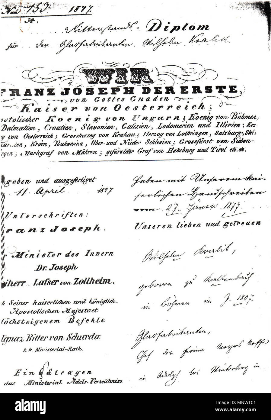 . Deutsch: Seite 1 der Kanzleiabschrift des Ritterstandsdiploms von Franz Joseph I. (Kaiser von Österreich 1848-1916) für den Glasfabrikanten Wilhelm Kralik (als Ritter des Ordens der Eisernen Krone III. Klasse) mit Verleihung des Prädikates 'von Meyrswalden'. Original des Ritterstandsdiploms ausgestellt in Wien am 11. April 1877, Kanzleiabschrift in den Beständen des k.u.k. Ministeriums des Innern - Ministerial-Adels-Verzeichnis. 1877. k.u.k. Ministerium des Innern im Auftrag Kaiser Franz Josephs I. 1066 Ritterstandsdiplom Kralik von Meyrswalden 1877 (Kanzleiabschrift) Seite 1 Stock Photo