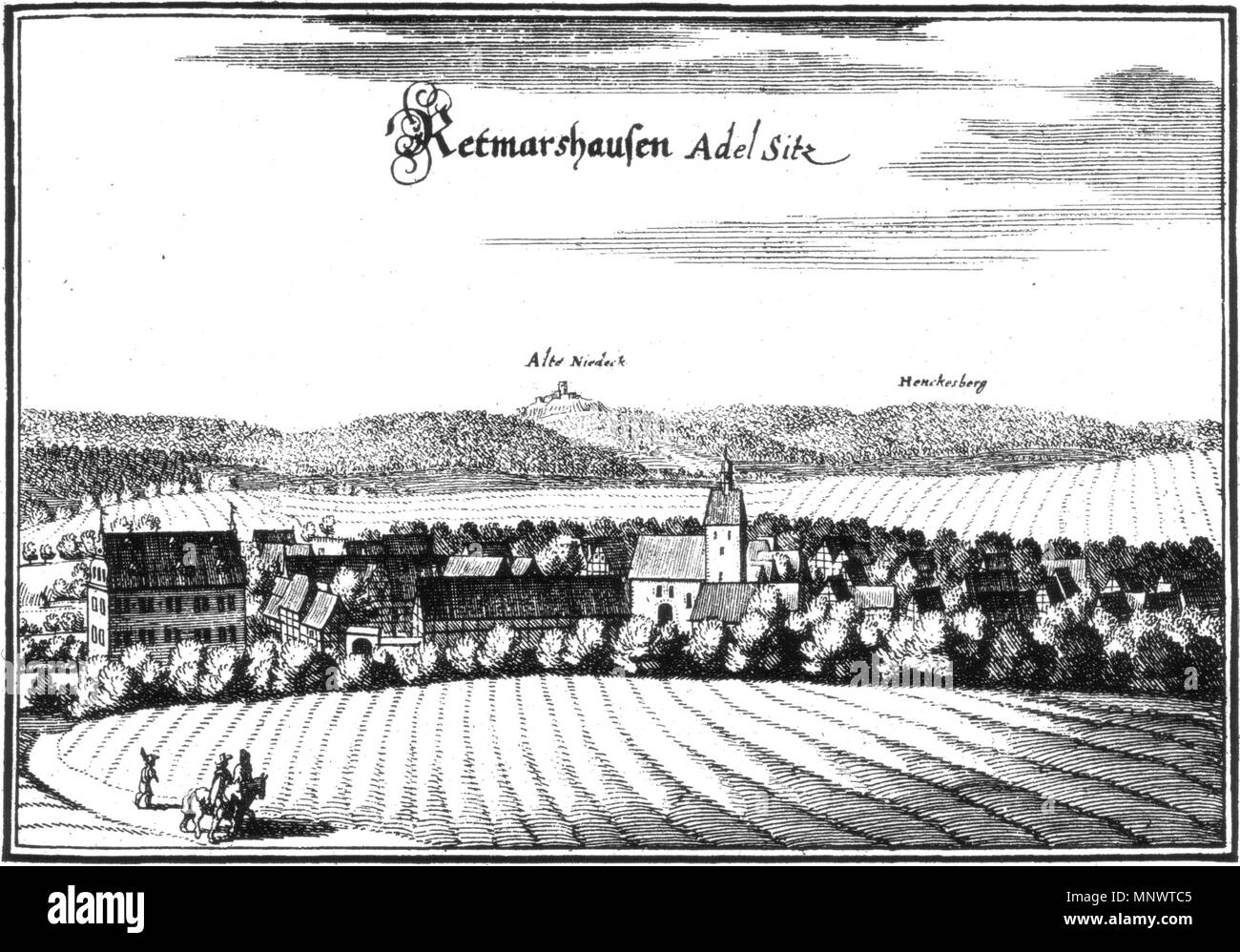 Deutsch: Blick von Südosten auf Rittmarshausen, Gemeinde Gleichen,  Landkreis Göttingen. Links vorne der Gutshof, im Hintergrund mittig die  Burgruine Alte Niedeck auf dem Kronenberg bei Niedeck, heute zu  Gleichen-Groß Lengden. Kupferstich