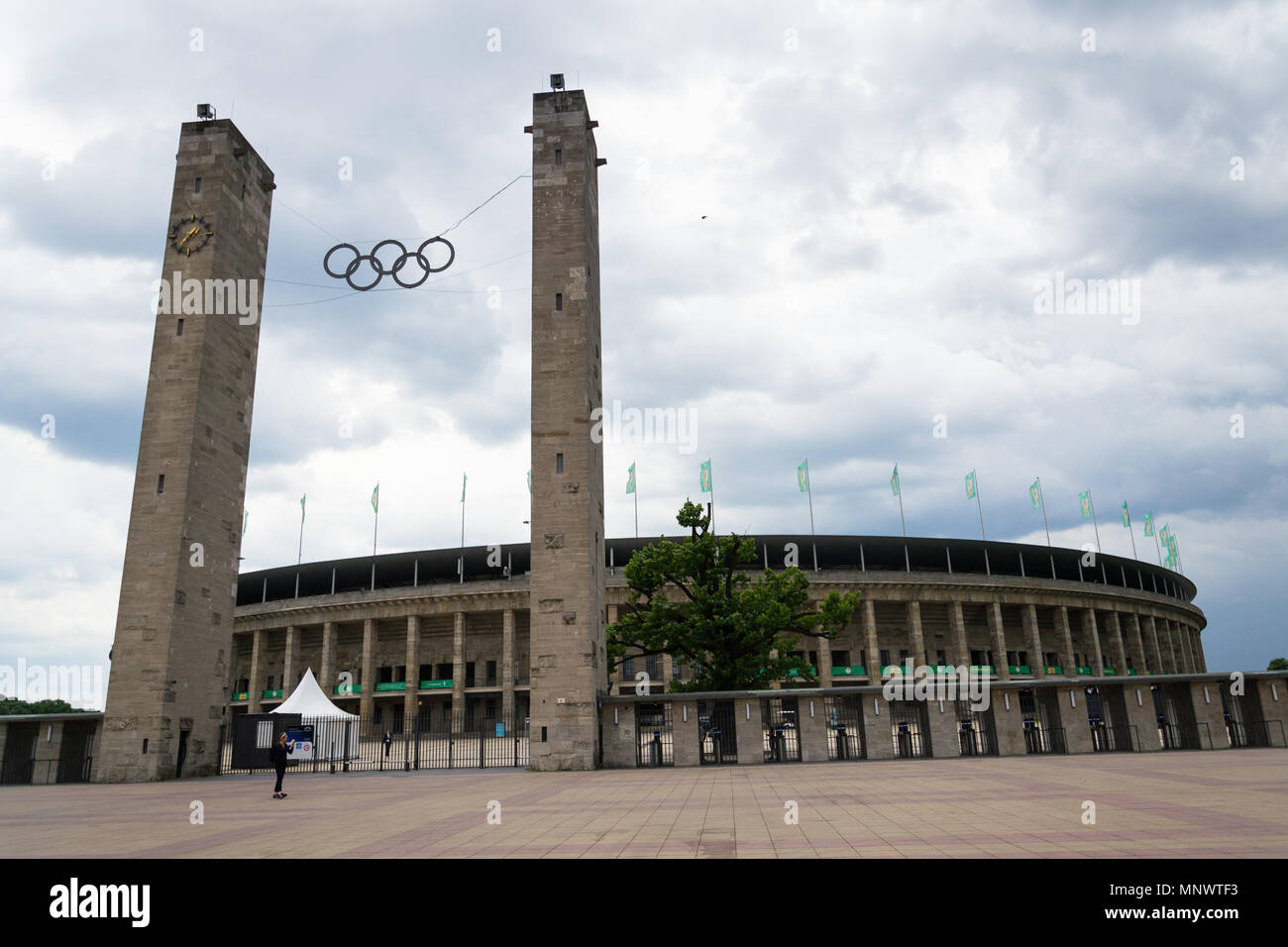 Olympic rings symbol hanging over Olympic stadium in Berlin, Germany Stock Photo