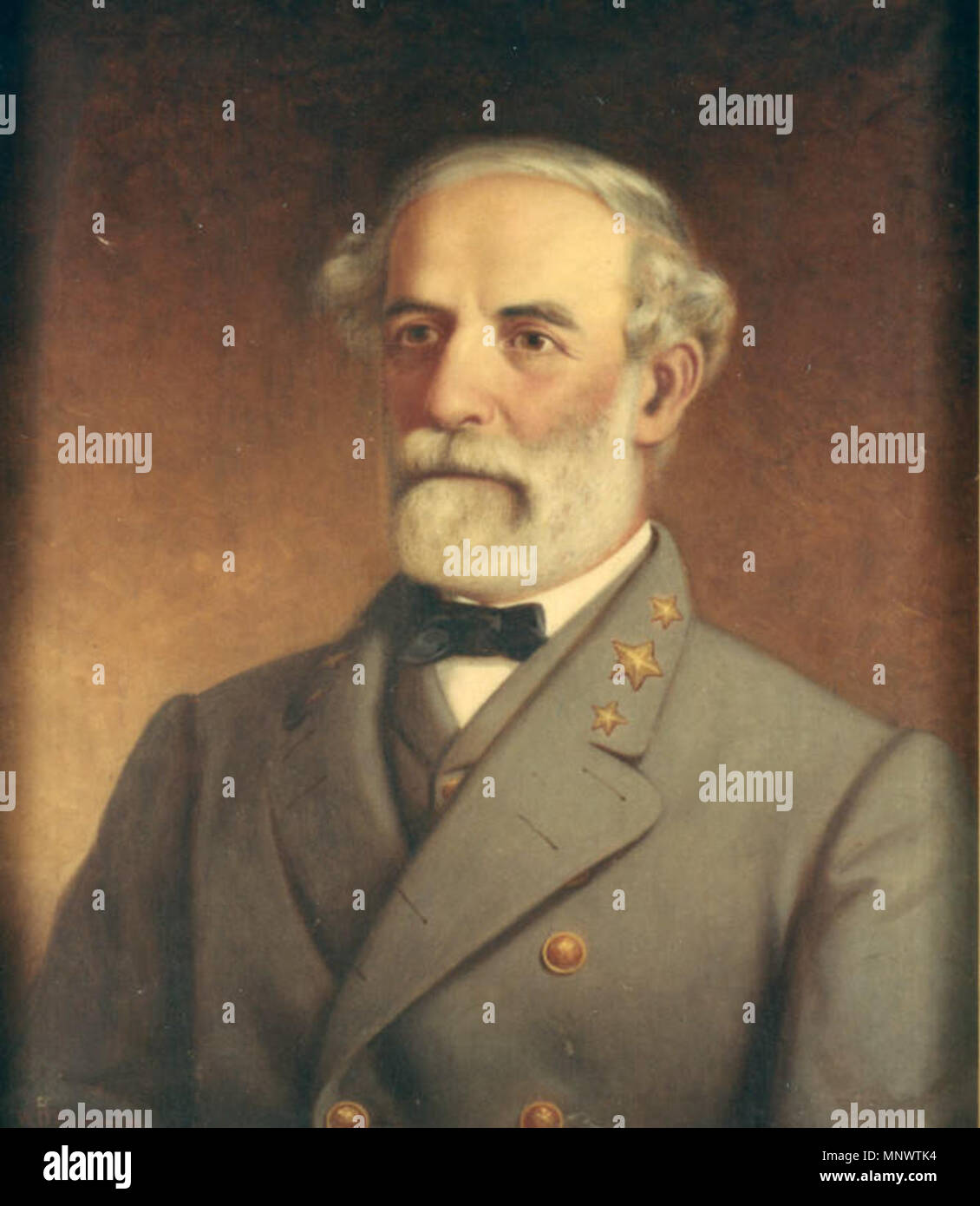 Oil portrait of Confederate General Robert E. Lee. The original portrait by  artist William D. Washington, based on an 1864 photograph. The portrait is  owned by the Virginia Military Institute .