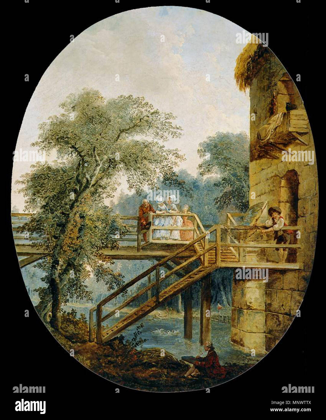 The Footbridge   circa 1775.   1068 Robert, Hubert - The Footbridge - c. 1775 Stock Photo