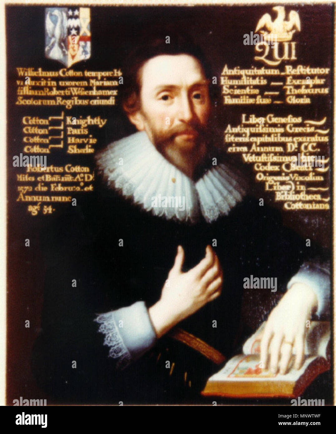 . Portrait of Sir Robert Cotton, 1st Baronet (d.1631) of Connington. Collection of Society of Antiquaries, London. Arms of Cotton (Ancient): Argent, a bend sable between three pellets. The arrangement as seen on monuments in Exeter Cathedral to Bishop William Cotton (d.1621), Bishop of Exeter and on monument to his grandson Edward Cotton (d.1675), Treasurer of Exeter Cathedral, may be th result of 20th c. restoration.(See images[1]). William Cotton (fl.1378,1400) lord of the manor of Cotton in Cheshire, married Agnes de Ridware, daughter and heiress of Walter de Ridware, lord of the manor of H Stock Photo