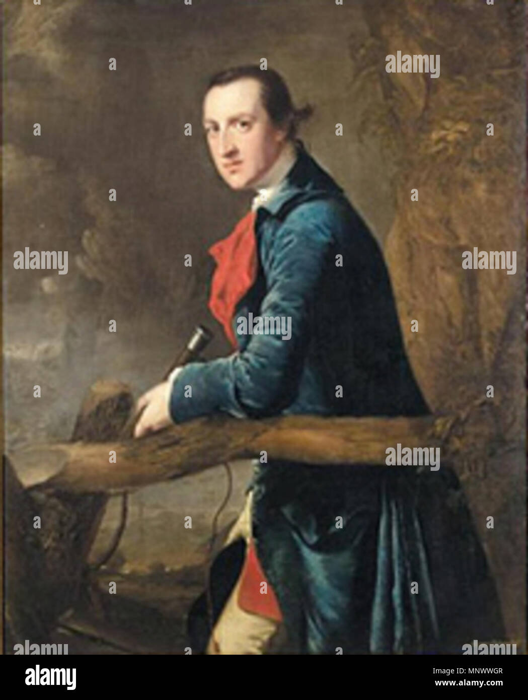 .  English: 'Portrait of Launcelot Rolleston of Watnall Hall' 1 of 6 portraits of hunting companions who were all Markeaton Hunt members and shown in their livery of blue velvet coat, scarlet waistcoat and yellow breeches. 'They were .. linked by education or by marriage.' Commissioned by Francis Noel Clarke Mundy of Derbyshire and were all hung together in w:Markeaton Hall, . March 1762.   1071 Launcelot Rolleston Markeaton Stock Photo