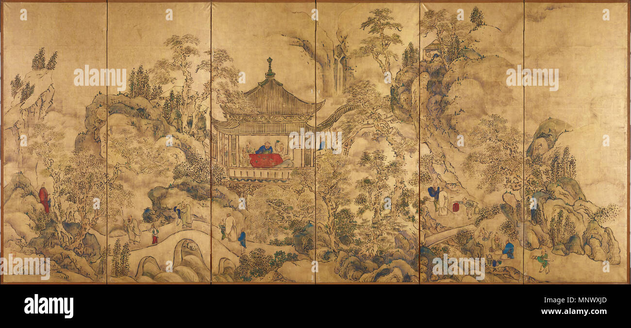 English: Roukaku Sansui Zu(landscape with tower) 日本語: 楼閣山水図 . Left of a pair of six-section folding screens (byōbu) painted in Chinese Southern School style. This screen depicts the Zuiweng Arbor at Mount Langya in which literati hold a gathering.  English: mid 18th century 日本語: 江戸時代 .   1075 Roukaku Sansui Zu Stock Photo