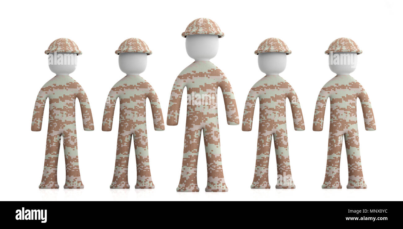 Army concept. Team of soldiers, military human figures, one figure ahead, isolated on white background. 3d illustration Stock Photo