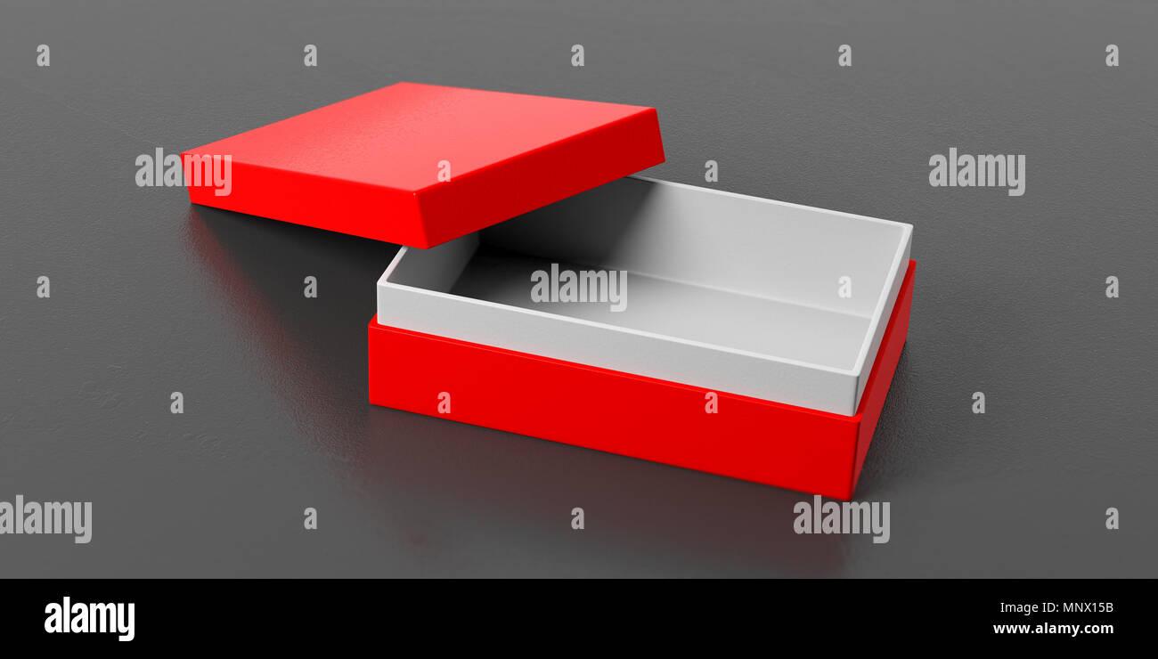 Red open empty jewelry gift box with lid in black grey background, 3d