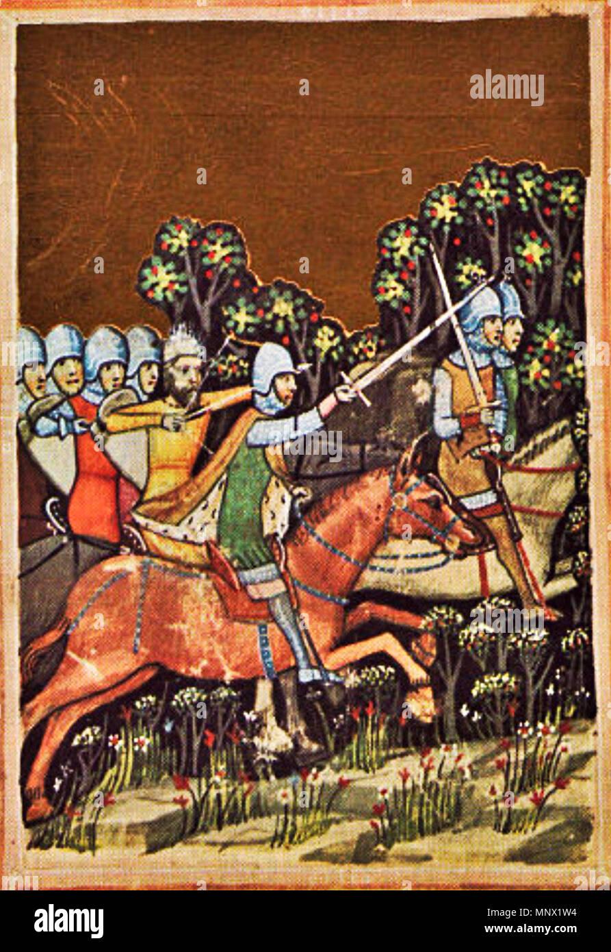 . English: Samel Aba pursuing Peter Orseolo . 14th century. Kálti Márk 1088 Samel pursuing Peter (Chronicon Pictum 047) Stock Photo