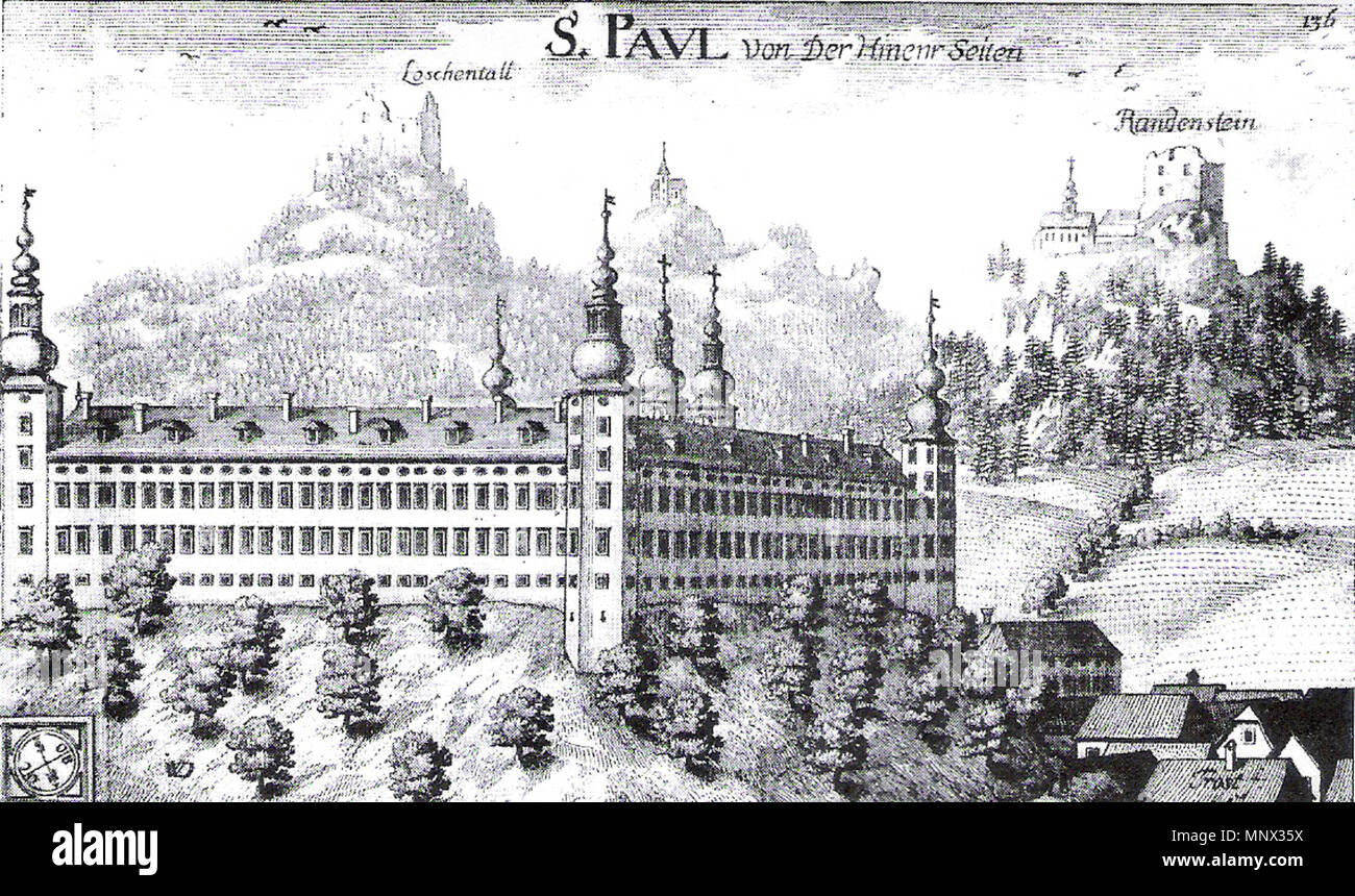 Deutsch: Stift St. Paul im Lavanttal im Jahr 1688 in Kärnten/Österreich  English: en:St. Paul's Abbey in the Lavanttal in Carinthia/Austria . 1688.  J. W. Valvasor: Topographia Archiducatus Carinthiae antiquae et modernae