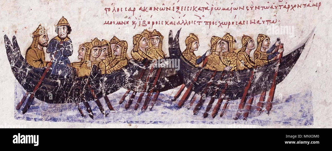 English: Depiction of the Saracen fleet sailing towards Crete in the 820s.  From the Madrid Skylitzes. Fol. 38v . 13th century. uploaded by Cplakidas  1095 Saracen fleet against Crete Stock Photo - Alamy