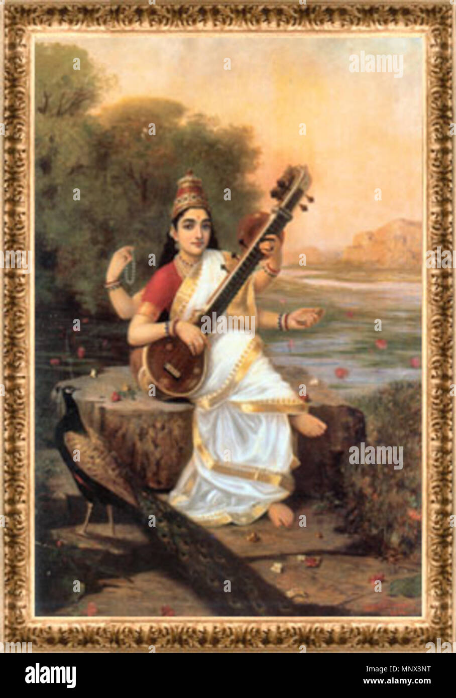 . English: Raja Ravi Varma Paintings in Baroda . Date not mentioned.   Raja Ravi Varma  (1848–1906)      Alternative names Iravivarmā; Ravi Varma  Description - painter and artist An Indian painter who achieved recognition for his depiction of scenes from the epics of the Mahabharata and Ramayana.  Date of birth/death 29 April 1848 2 October 1906  Location of birth/death Kilimanoor Attingal  Work location India  Authority control  : Q333453 VIAF: 20487458 ISNI: 0000 0001 1873 7068 ULAN: 500122641 LCCN: n89146283 NLA: 35097288 WorldCat 1096 Saraswati 2 Stock Photo