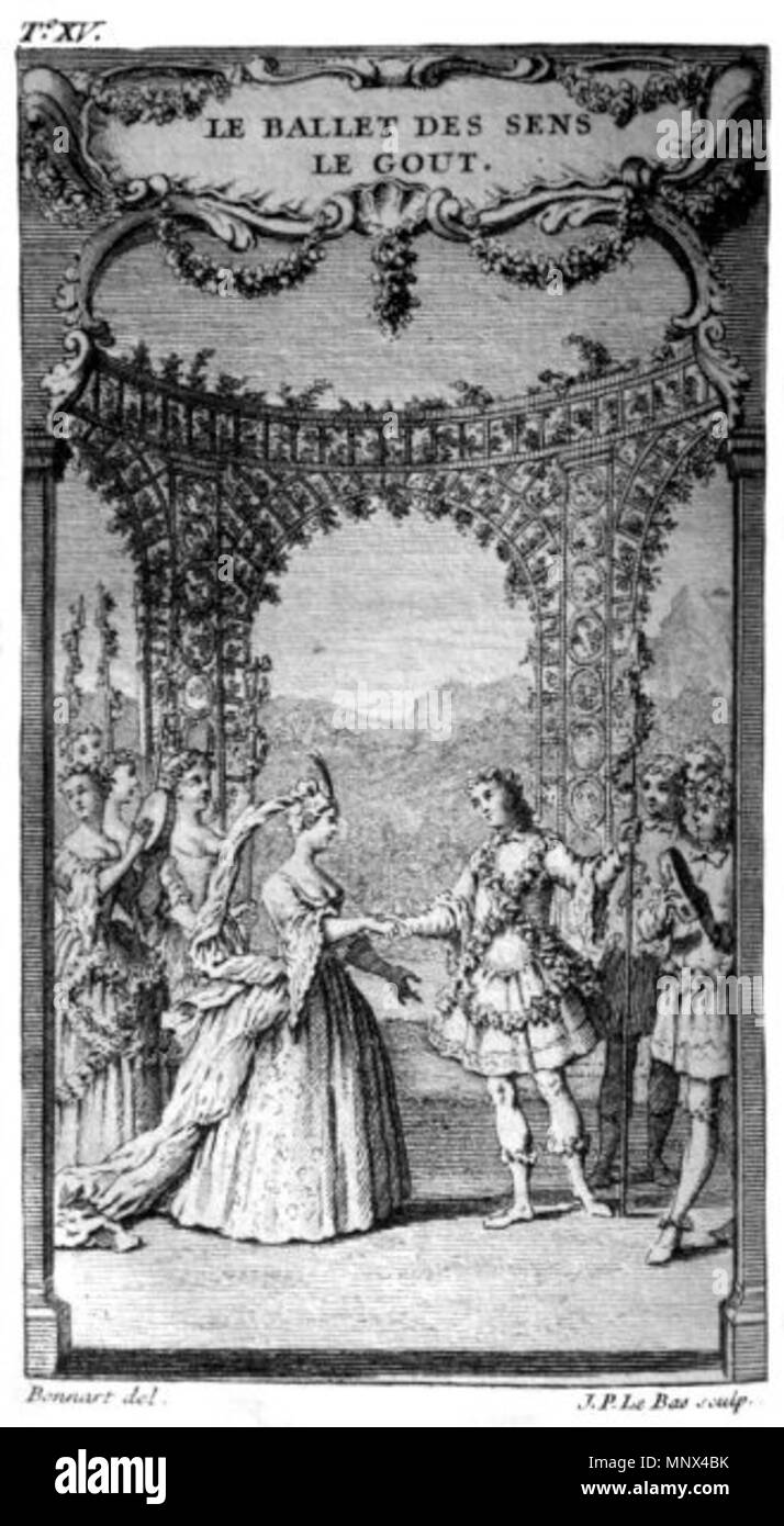 . English: Le Ballet des sens (5ème entrée) music composed by Jean-Joseph Mouret (1682 - 1738). Medium: Etching on paper . 1732. Engraver: Jacques Philippe Le Bas (1707-1783) 1098 Scene from Ballet des Sens by Mouret Stock Photo