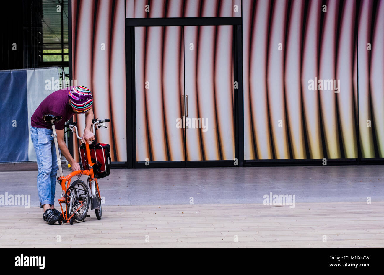 Man wearing a colourful stripey bicycle helmet unforlding fold-up bike against a stripey background in Kings Cross, London, England, UK Stock Photo